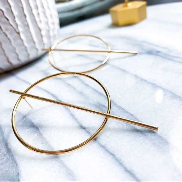 Gold Geometric Earrings Circle Hoops Minimalist Statement - Picture 3 of 5